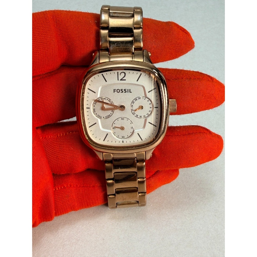 Fossil Women Rose Gold Tone Multifunction Square Dial Bracelet Watch ES2855